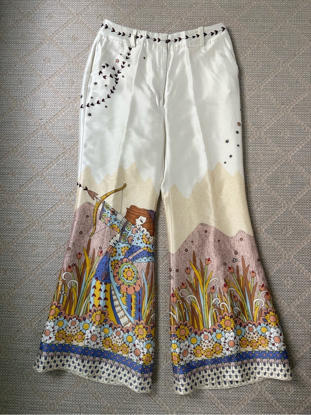 Zimmermann White Floral & Multicolor Printed Cropped Wide-Leg Pants